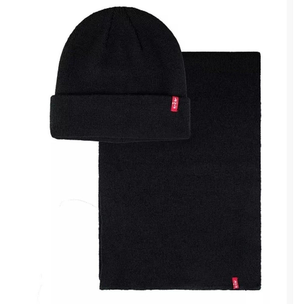 Levi's Mens Beanie & Scarf Gift Set Black Knit Winter Accessories, One size NEW